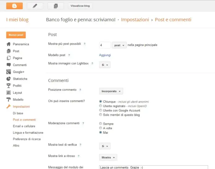 Blog di Blogger come cambiare la selezione dei commenti