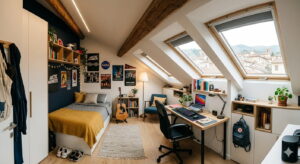 La zona studio nella cameretta in mansarda e la luce naturale