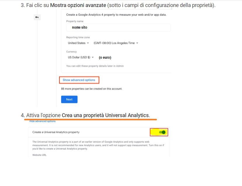 Spuntare e scegliere se creare un codice Analytics 4 o un Codice normale per il sito  "Universal "Analytic". 