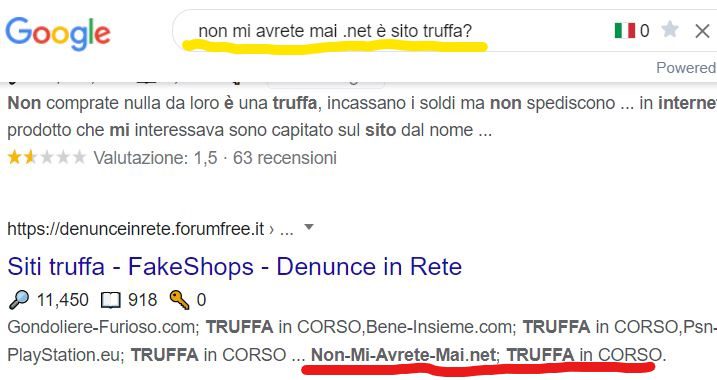 Digitare il nome del sito seguito dalla domanda: è un sito truffa? Spesso funziona perché si trovano segnalazioni utili da parte degli utenti