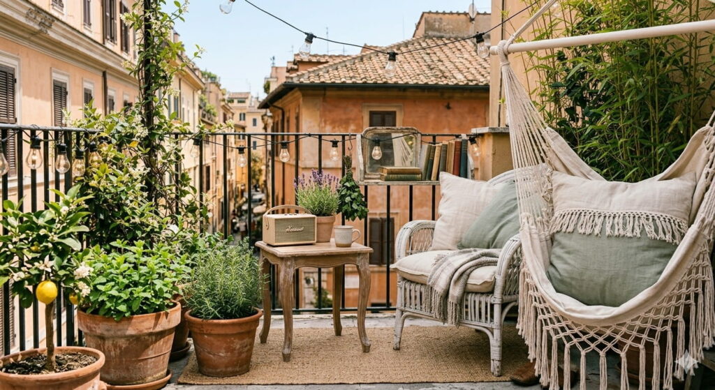 Benessere sensoriale in un terrazzo ben allestito